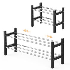 two black and white racks with arrows pointing in different directions, one on each side