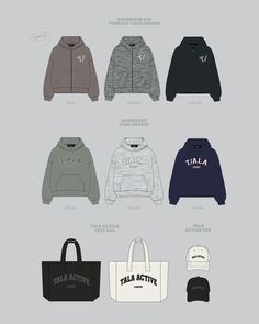 six different types of sweatshirts and hats