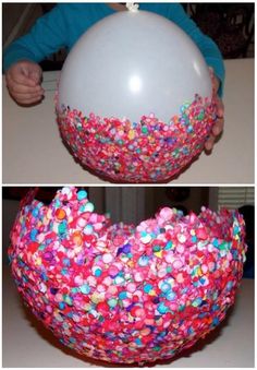 the balloon is filled with sprinkles and has been made into a bowl