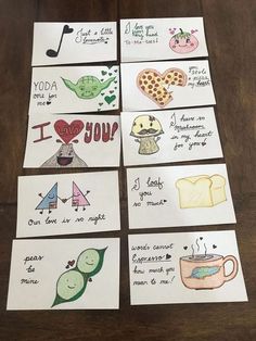 four cards with pictures of food and words written on them, all in different colors