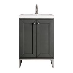 a gray and white bathroom sink cabinet with a faucet on the side,