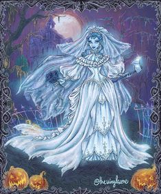 a painting of a woman dressed in white holding a pumpkin and wearing a ghost costume