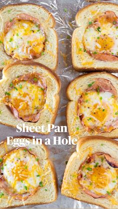 six pieces of toast with eggs and ham on them, sitting on foil lined up