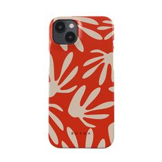 an orange and white phone case with leaves on the back, in front of a white background