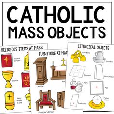 the catholic mass objects worksheet is shown in black and white, with yellow accents