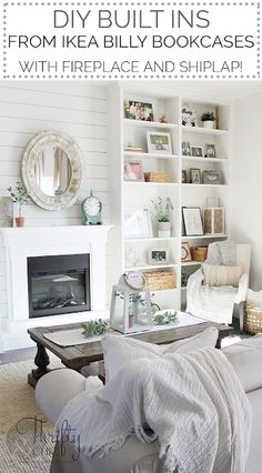 a living room filled with furniture and bookshelves next to a fire place in front of a fireplace