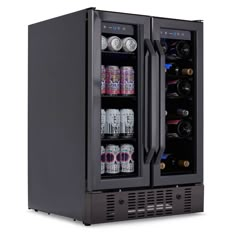 an open black refrigerator with two bottles and cans in it's door, on a white background