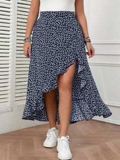 Navy Blue Boho Collar  Woven Fabric Plants,Ditsy Floral,All Over Print Asymmetrical Embellished Non-Stretch  Women Plus Clothing Plus Size Vacation, Fabric Plants, Breast Tape Lift, Cruise Outfits, Slim Fit Top, Irregular Hem, Couple Matching, Arte Popular, Plus Size Skirts