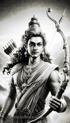 lord rama with bow and arrow in his hand, black and white photograph by anilka