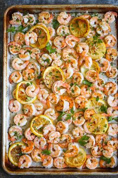 shrimp and lemon salad on a baking sheet