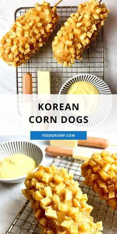 korean corn dogs on a cooling rack with dipping sauce in the middle and another image above