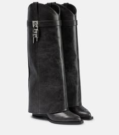 Shark Lock Cowboy Leather Boots in Black - Givenchy | Mytheresa Marta Ortega, Givenchy Shark, Givenchy Boots, Black Leather Knee High Boots, Heels Aesthetic, Mid Heel Boots, Givenchy Shoes, The Shark, Knee High Leather Boots