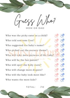 a poem with the words guess who? and an image of a baby in leaves