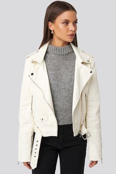 Pu Leather Biker Jacket White | na-kd.com White Jacket Outfit, Biker Jacket Outfit, Off White Jacket, Spring Jackets, Leather Biker Jacket