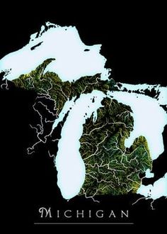 the map of michigan is shown in green and white on a black background with words michigan