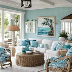 a living room filled with lots of furniture next to a window covered in blue and white curtains