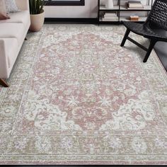 If you're looking for a classic and timeless designer rug, you're in the right place. Flaunting a refreshing color palette, this area rug is versatile enough to easily fit into any space in your home. Featuring a vintage, weathered look and a super low pile, you'll love both its design and craftsmanship. Power-loomed in Turkey with 100% polyester yarn, this rug is as durable as it is beautiful. Beautiful Bungalow, Coral Rug, Vintage Lavender, Loft Decor, 5x7 Area Rug, Medallion Rug, Pink Area Rug, Medallion Design, 8x10 Area Rugs