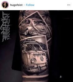 a man's arm with an old vw bus and camper van on it