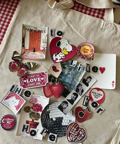 various stickers and magnets on a bag