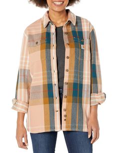 PRICES MAY VARY. 11-ounce, 100% cotton twill Loose Fit Two chest pockets with button closures Two lower-front pockets Button front Carhartt Womens, Safety Clothing, Carhartt Women, Plus Size Brands, Long Sleeve Plaid Shirt, Branded Sweatshirts, Long Sleeve Plaid, Weekend Wear, Work Shirts