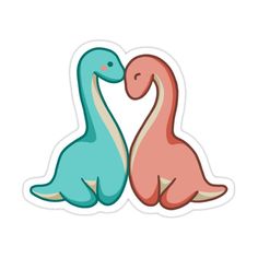 two cartoon dinosaurs sitting next to each other with their heads touching one another's forehead