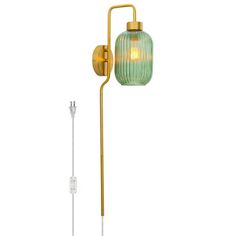 a wall light with a glass shade on the side and a metal pole attached to it