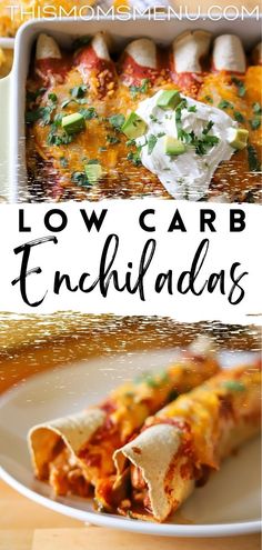 low carb enchiladas on a white plate with the title overlay