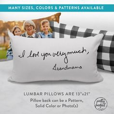 a pillow with two photos on it and the words i love you every much, lumbar pillows are 13 x 24