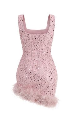 Make a bold and unforgettable statement in this stunning Pink Feather Sequin Dress. This dress is the perfect combination of classic elegance and modern edge, featuring a fitted silhouette that hugs your curves and a red sequin design that catches the light from every angle. The feather trim adds a touch of drama and movement, making this dress a true showstopper. Gentle Dry Clean OnlyColour may vary due to lighting on images. The product images (without model) are closest to the true colour of Sparkly Feather Dress, Pink Sparkly Dress, Feather Mini Dress, Dress Reference, Pink Sequin Dress, Sequin Design, Feather Trim, Pink Feathers, Red Sequin