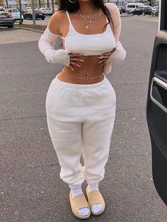 Casual Street Style White Solid Color Sleeveless Top And High-Elasticity Slim-Fit/Loose Sweatpants Women's 2pcs Jogging Suit-A White Casual   Knitted Fabric Plain  Medium Stretch  Women Clothing, size features are:Bust: ,Length: ,Sleeve Length: Bad Fashion, Baddie Outfit, Streetwear Mode, Chill Outfits, Looks Black, Baddie Outfits Casual, Inspired Outfits, Cute Simple Outfits, Swag Outfits