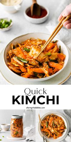 quick kimchi in a white bowl with chopsticks and sauce on the side