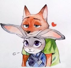 a drawing of a fox and a rabbit