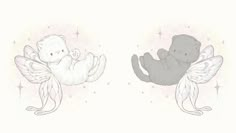 two teddy bears sitting on wings with stars in the sky behind them, one bear is holding a baby's hand