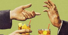 three people reaching their hands out to each other with drinks in front of them on a green background