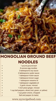 the recipe for beef and noodles in a skillet is shown with instructions to make it