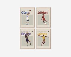 four basketball cards with the names of three different teams in front of white background and text that reads curry, jordan, james