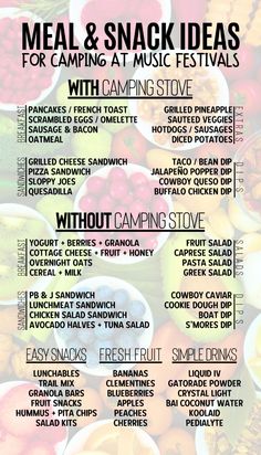 a poster with the words meal and snack ideas for camping at music festivals