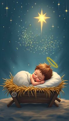 a painting of a baby jesus sleeping in a manger with the star of david above him