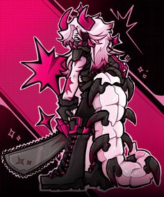 a cartoon character holding a chainsaw in front of pink and black background with stars