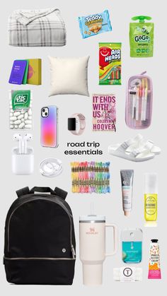 the contents of a travel bag are arranged on a white background with text that reads road trip essentials