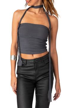 A matching mesh scarf adds a fun flourish to a sultry strapless crop top that's gathered at the sides. Includes scarf and top Strapless 95% polyester, 5% spandex Machine wash, dry flat Imported Mesh Scarf, Top Strapless, Strapless Crop Top, Scarf Top, Dark Gray, Two Piece, Crop Top, Nordstrom, Mesh