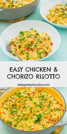 easy chicken and chorizo risotto in a skillet with two plates on the side