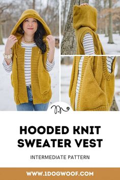 a woman wearing a hooded knit sweater vest with text overlay that says hooded knit sweater vest