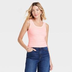 Women's Shrunken Rib Tank Top - Universal Thread™ : Target Knitted Crop Tank Top, Rib Tank Top, Solid Tank Tops, Target Clothes, Pink M, Sleeveless Pullover, Long Torso, Ribbed Tank Tops, Hem Style