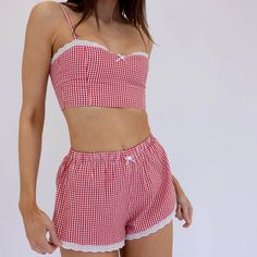 Miah shorts reg gingham - Kitteny Minimal Summer Outfits, Red Gingham Top, Flared Shorts, Summer Necessities, Gingham Top, Gingham Tops, Red Gingham, Tiny Heart, White Eyelet