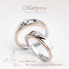 two wedding rings with one diamond on top and the other in white and rose gold