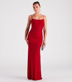 Sparkly glitter adds a luxe vibe to the glamorous Mckayla formal dress at homecoming dances, galas, and banquets! She features a sleek and classic sleeveless, scoop neckline with bungee spaghetti straps, and an alluring open-back with hook closures. Her shirred ruched bodice leads to a form-hugging, mermaid silhouette, and a floor-sweeping hem. The formal dress is composed of a stretch-knit glitter fabric designed to hug your curves like an hourglass. Complete your dressy look in duster rhinest Red Prom Dress Sparkly, Sparkly Red Dress, Dream Prom Dress, Gown For Prom, Sparkly Prom Dress, Bodycon Dress Formal, Jr Prom, Homecoming Dance, Junior Prom Dresses