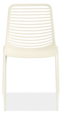 a white plastic chair with slats on the back and seat, viewed from the front