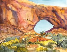 a watercolor painting of a cave entrance in the desert