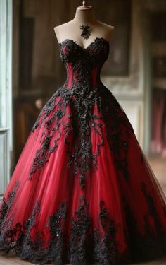 Gothic Red And Black Wedding Dress, Masquerade Sweet 16 Ideas Dresses, Red And Black Sweet 16 Dresses, Masquerade Sweet 16 Ideas, Black And Red Quinceanera Dresses, Red And Black Ball Gown, Dark Red Wedding Dress, Black Quince Dress, Red Quince Dress